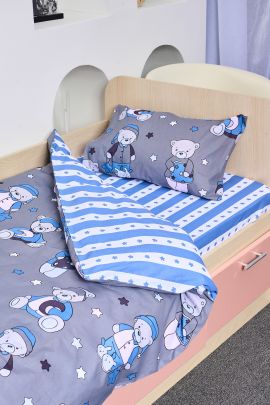 Постельное белье детское поплин с простыней на резинке - Мишки, цвет синий