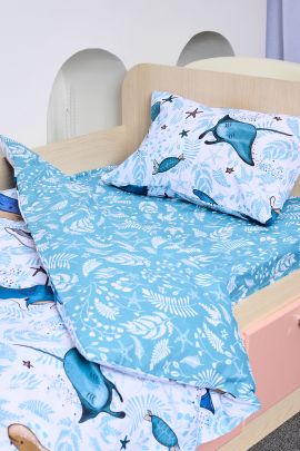 Постельное белье детское поплин с простыней на резинке - Киты