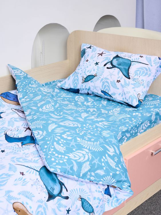 Постельное белье детское поплин с простыней на резинке - Киты